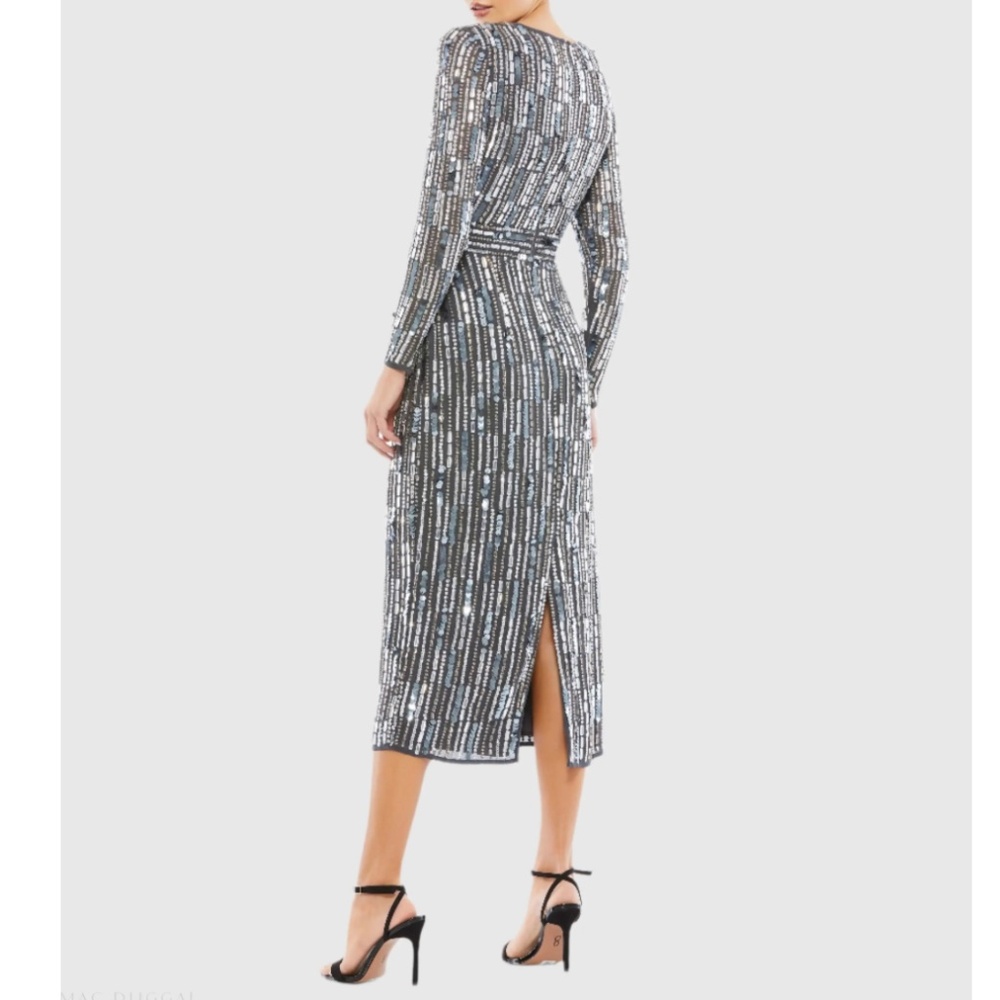 NWT | Mac Duggal Gray Embellished High Neck Long Sleeve Fitted Dress | Sz 8 - Picture 2 of 3